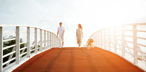 Man and woman walking dog across a bridge