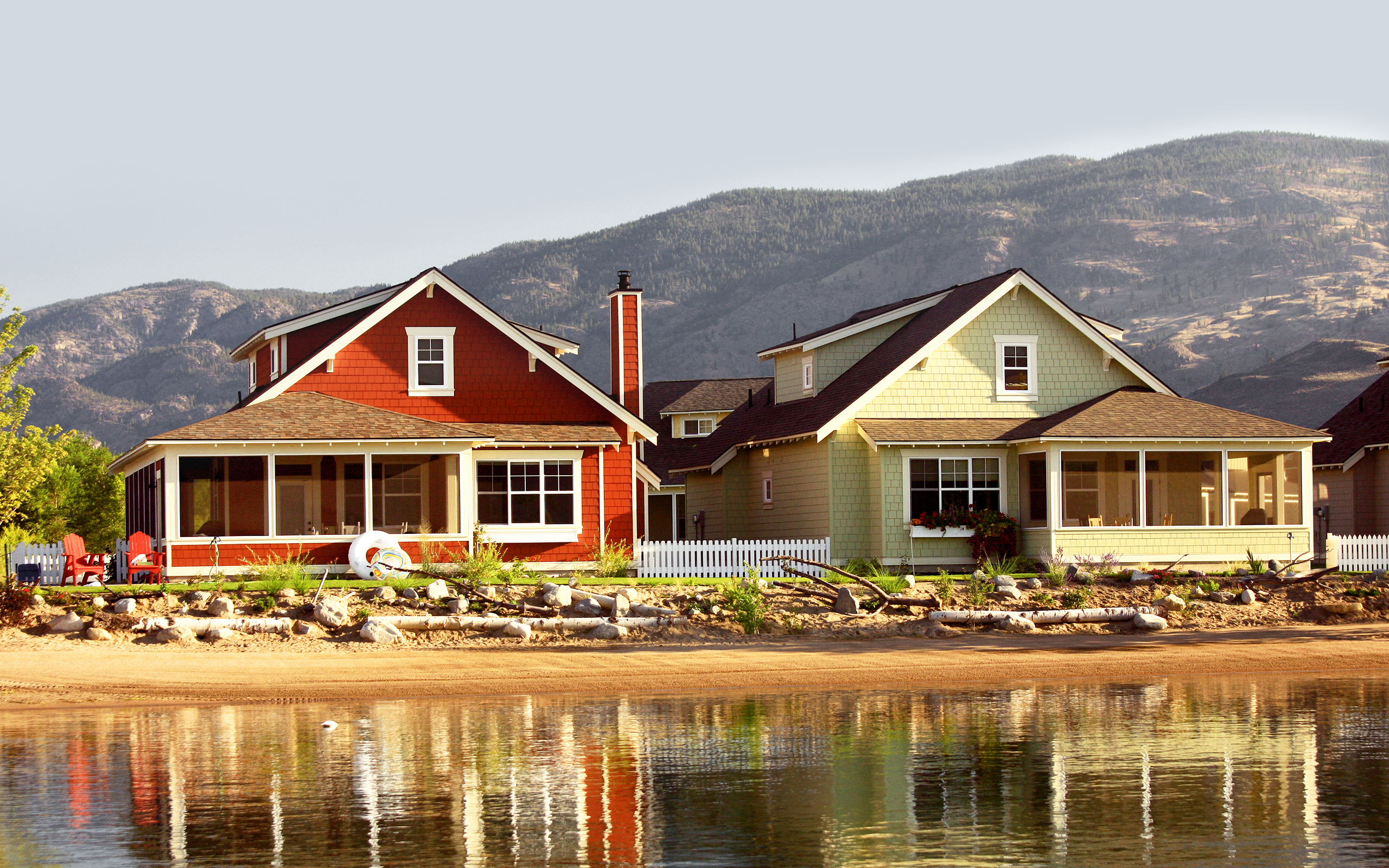 Beach houses on a waterfront.