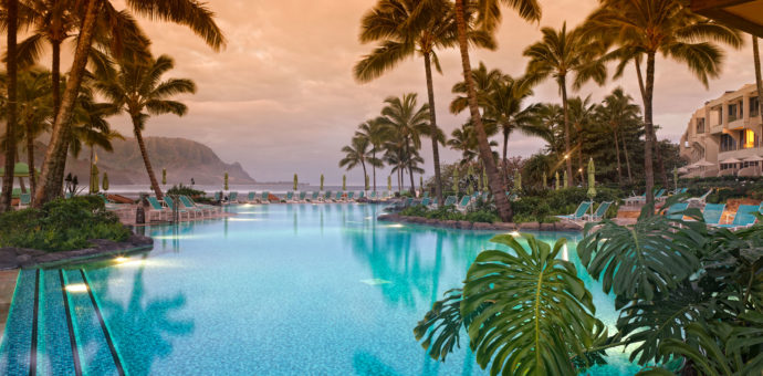 Hawaiian 5-star resort with pool view toward ocean and mountains