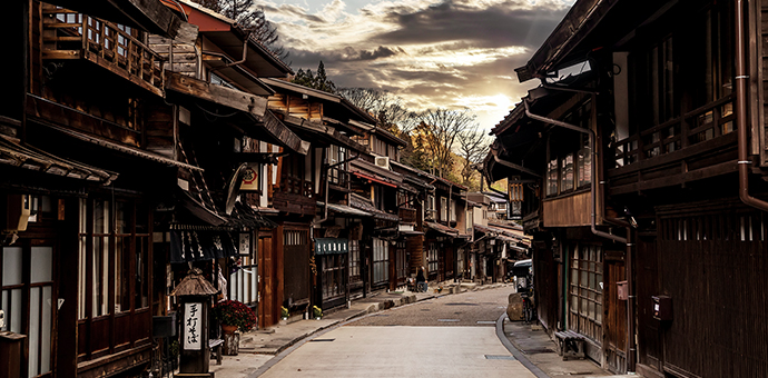 Japanese village with ryokan houses along the Nakasendo Trail